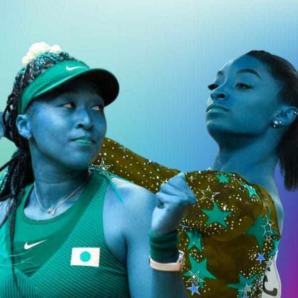 Tennis player Naomi Osaka and gymnast Simone Biles with a blue overlay