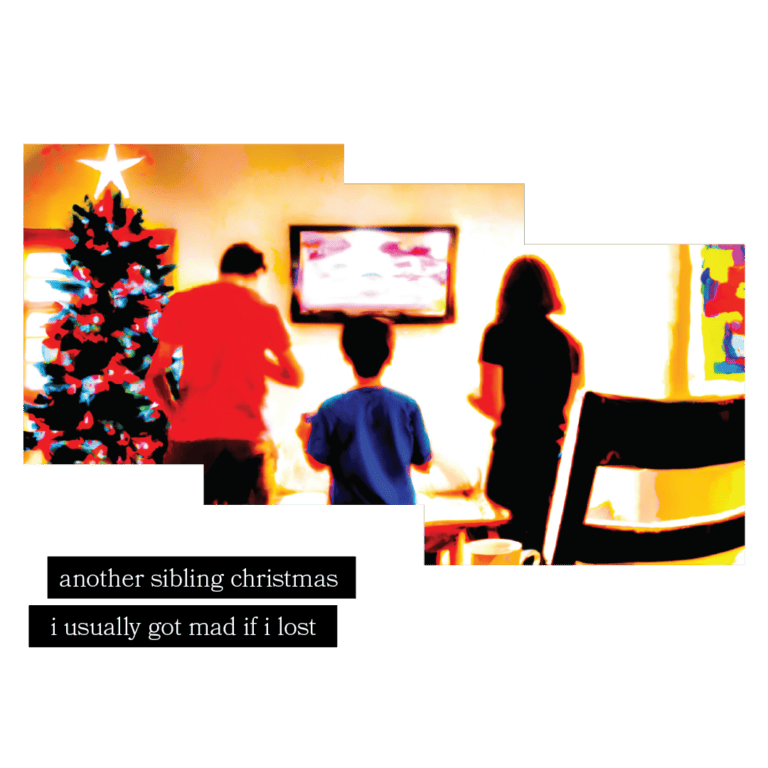 image of 3 people facing a screen with a lit Christmas tree next to the screen