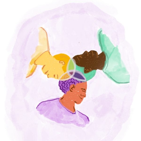 illustration of three people with purple background