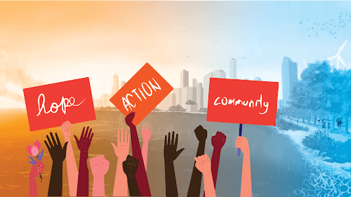 illustration of arms in protest with signs, hope, action, community