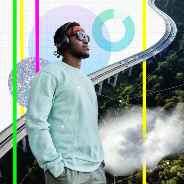 profile image of casually-dressed Black man with abstract background of clouds, gradients, shapes, lines