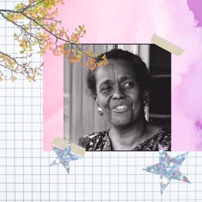 Ms Ella Baker portrait in black and white with a pink cloud background and glitter stars 