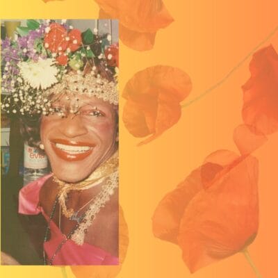 image of Marsha P Johnson on an orange gradient background with orange poppy flowers 