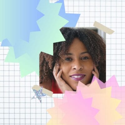 image of Ashley Edwards, founder of MindRight in center of photo with star-shaped gradient background in blue and pink 