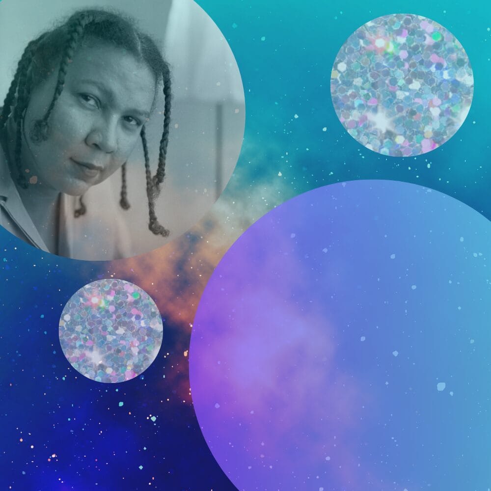 black and white photo of poet and activist bell hooks, with abstract background of gradient and glitter circles and purple outerspace
