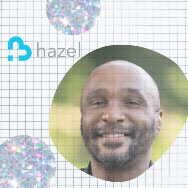 Dr Travis Gayles headshot smiling at camera with glitter circles and hazel health logo