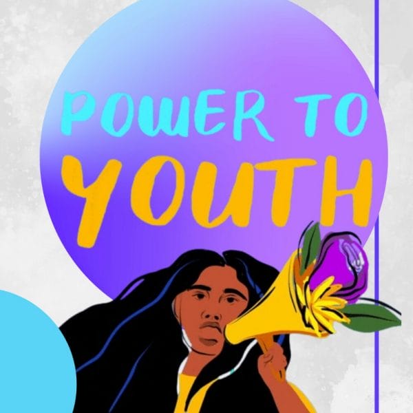 illustration of a black woman with a megaphone text says power to youth